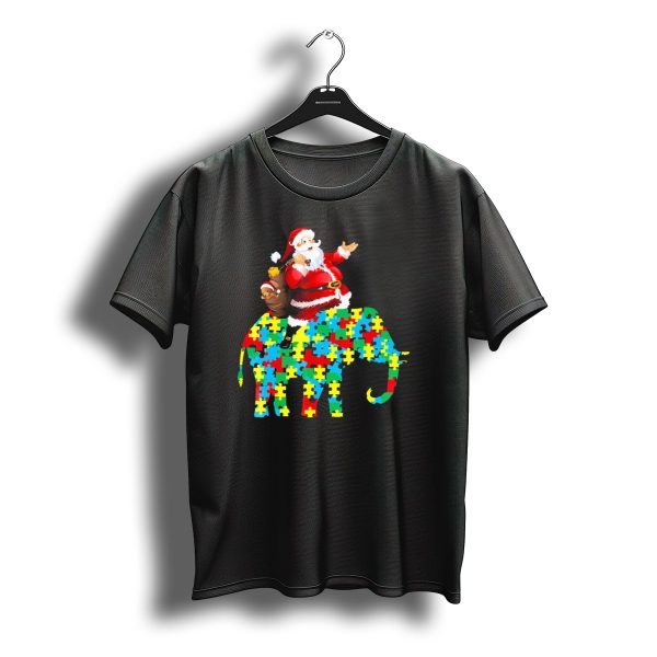 Santa Claus Riding Puzzle Piece Elephant Christmas Autism T Shirt t shirt 1