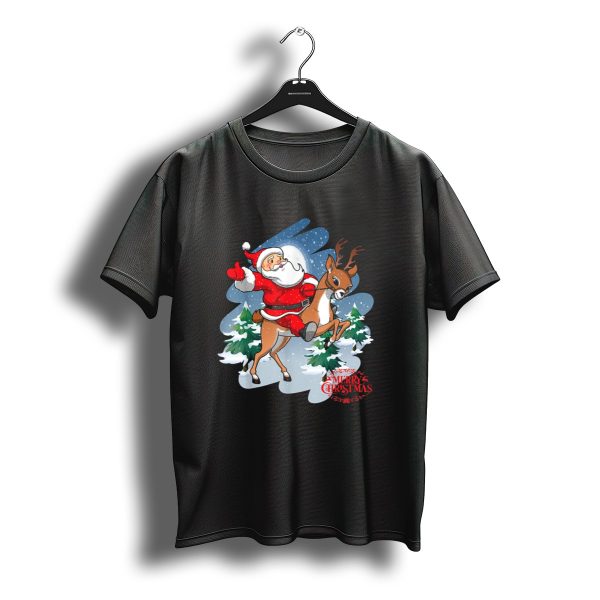 Santa Claus Riding Reindeer Merry Christmas T Shirt t shirt 1