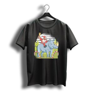 Santa Claus Riding Rhino With Christmas Bell And Candy Canes T-Shirt