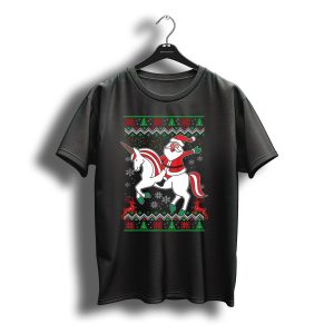 Santa Claus Riding Unicorn Christmas Sweater Pattern Holiday Magic T-Shirt