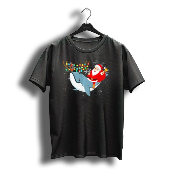 Santa Claus Riding Whale With Festive Reindeer Antlers And Christmas Lights T Shirt t shirt 1