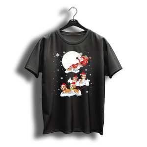 Santa Claus Sleigh Led By Beagle Dogs With Christmas Moon And Snowflakes T-Shirt