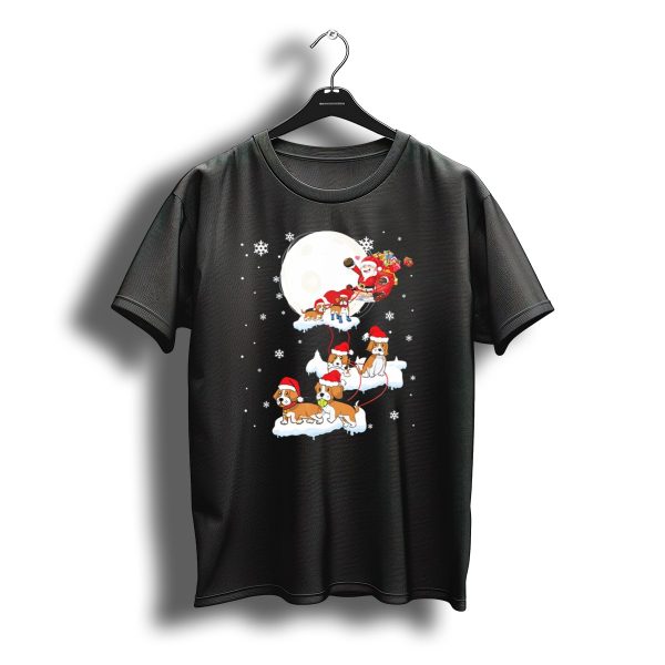 Santa Claus Sleigh Led By Beagle Dogs With Christmas Moon And Snowflakes T Shirt t shirt 1