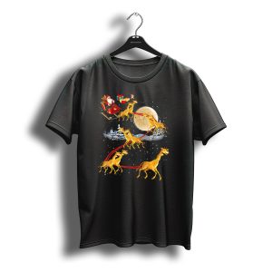 Santa Claus Sleigh Moonlight Giraffe Reindeer Christmas T-Shirt