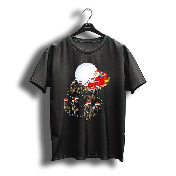 Santa Claus Sleigh Pulled By Dobermans With Christmas Lights And Full Moon T Shirt t shirt 1