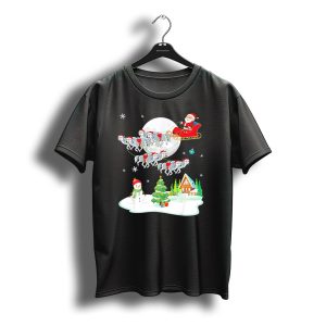 Santa Claus Sleigh Riding Over Snowman And Christmas Scene With Wolves T-Shirt