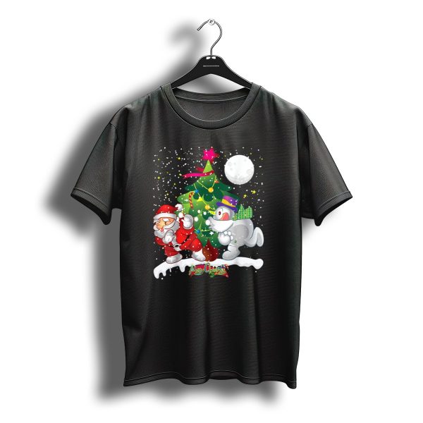 Santa Claus Snowman Merry Christmas Tree Snowfall T Shirt t shirt 1