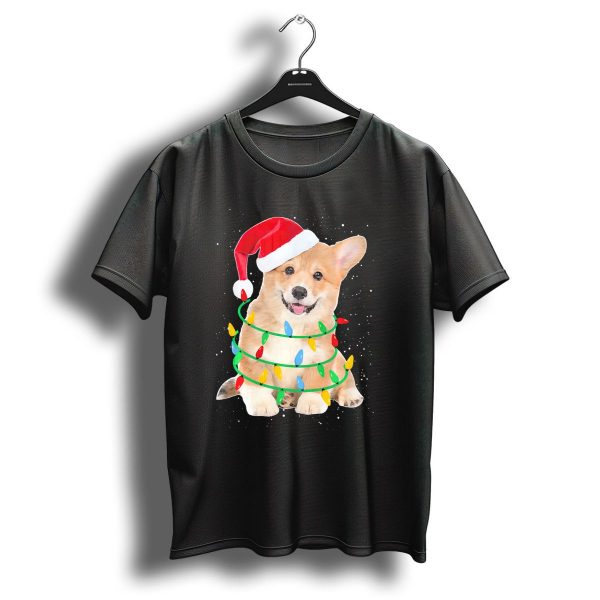 Santa Corgi With Christmas Lights And Snowy Background T Shirt 1 t shirt 1