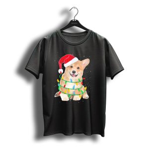 Santa Corgi With Christmas Lights And Snowy Background T-Shirt