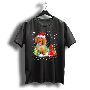 Santa Dachshund With Christmas Lights And Snowflakes T Shirt