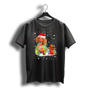 Santa Dachshund With Christmas Lights And Snowflakes T-Shirt