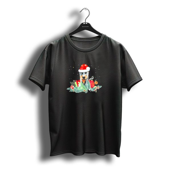 Santa Doberman With Christmas Gifts And Candy Cane Holiday T Shirt t shirt 1