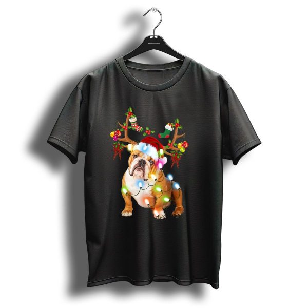 Santa English Bulldog Reindeer Antlers Christmas Lights T Shirt 1 t shirt 1
