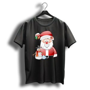 Santa Father Christmas With Snowman Red And Green Bells T Shirt 1