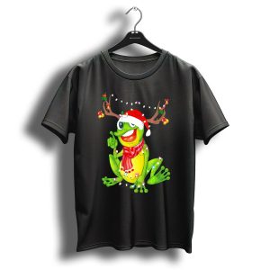 Santa Frog Reindeer Antlers Christmas Lights Festive Scarf T Shirt