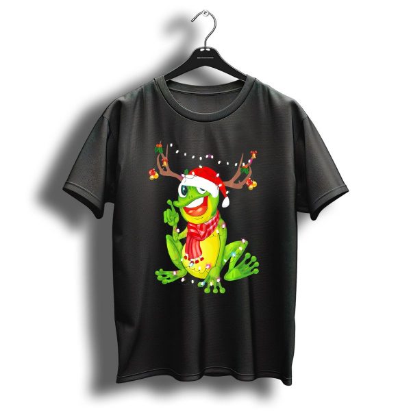Santa Frog Reindeer Antlers Christmas Lights Festive Scarf T Shirt 1 t shirt 1