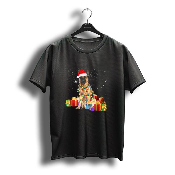 Santa German Shepherd Wrapped In Christmas Lights Surrounded By Gifts T Shirt t shirt 1