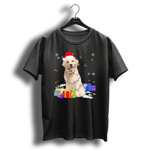 Santa Golden Retriever Wrapped In Christmas Lights And Gifts T Shirt