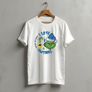 Santa Grinch I Love Panthers Christmas Ornament Green Grinch Blue Santa Hat T-Shirt