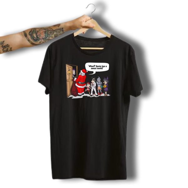Santa Halloween Elvis Witch Mummy Pirate What Santa Has A Sweet Tooth T Shirt 1 t shirt 1
