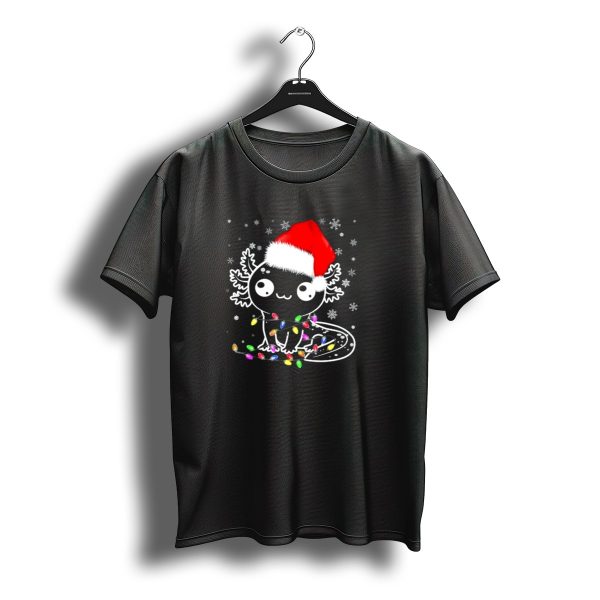 Santa Hat Axolotl Wrapped In Colorful Christmas Lights And Falling Snowflakes T Shirt t shirt 1