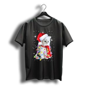 Santa Hat Cat Wrapped In Christmas Lights And Scarf In Snow Scene T-Shirt