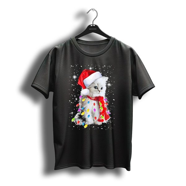 Santa Hat Cat Wrapped In Christmas Lights And Scarf In Snow Scene T Shirt t shirt 1