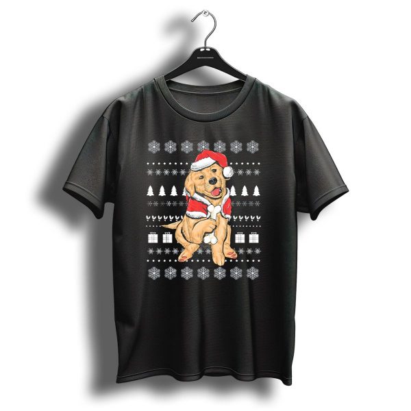 Santa Hat Christmas Golden Retriever Puppy Holding Bone T Shirt 1 t shirt 1