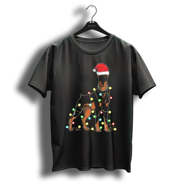 Santa Hat Christmas Lights Doberman T Shirt 1 t shirt 1
