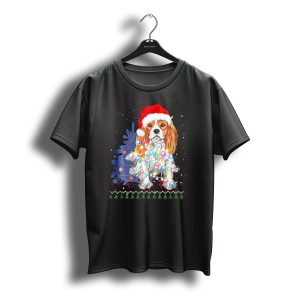 Santa Hat Cocker Spaniel With Christmas Lights And Tree T-Shirt