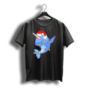 Santa Hat Dabbing Unicorn Dolphin Wrapped In Christmas Lights T-Shirt