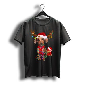 Santa Hat Dachshund With Reindeer Antlers And Christmas Lights T-Shirt
