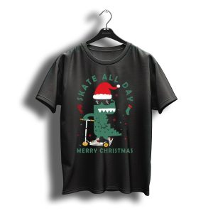 Santa Hat Dino Scooter Skate All Day Merry Christmas T-Shirt