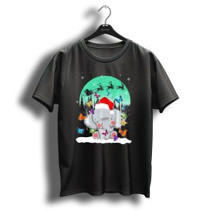 Santa Hat Elephant With Butterflies And Snowy Christmas Scene T Shirt