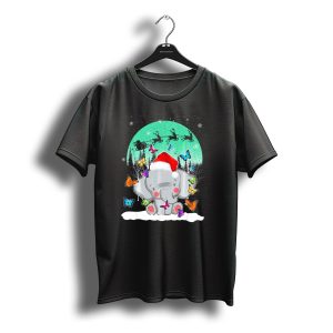 Santa Hat Elephant With Butterflies And Snowy Christmas Scene T-Shirt