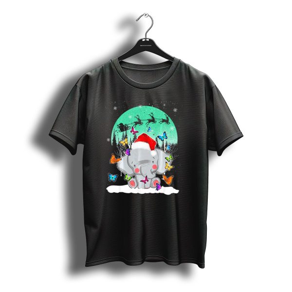 Santa Hat Elephant With Butterflies And Snowy Christmas Scene T Shirt t shirt 1
