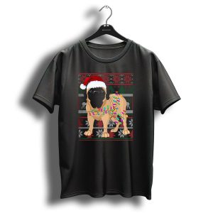 Santa Hat English Mastiff With Christmas Lights And Festive T Shirt
