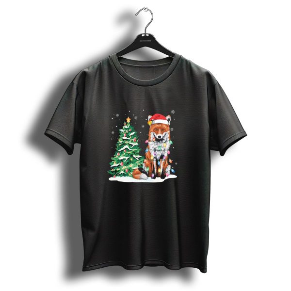 Santa Hat Fox With Christmas Lights And Tree T Shirt 1 t shirt 1