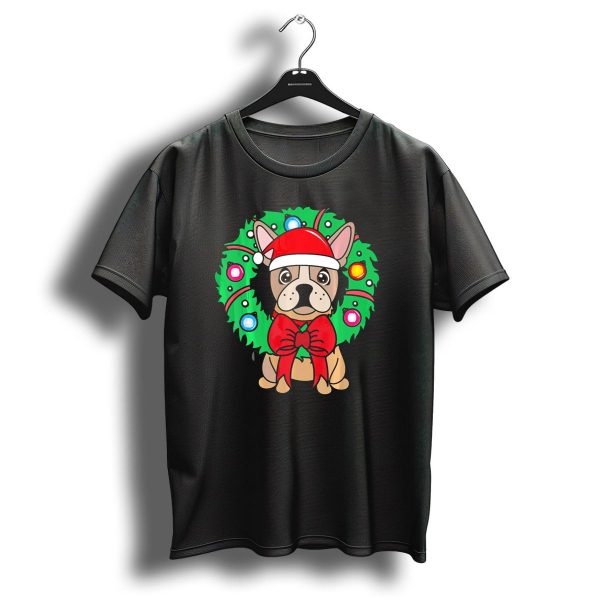 Santa Hat French Bulldog Christmas Wreath T Shirt 1 t shirt 1