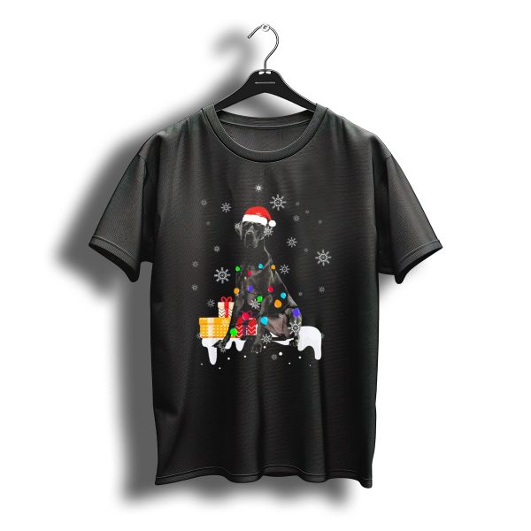 Santa Hat Great Dane Wrapped In Christmas Lights With Snowflakes And Presents T Shirt t shirt 1
