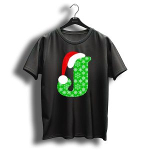 Santa Hat Green Snowflake Monogram Letter J Christmas T Shirt 1