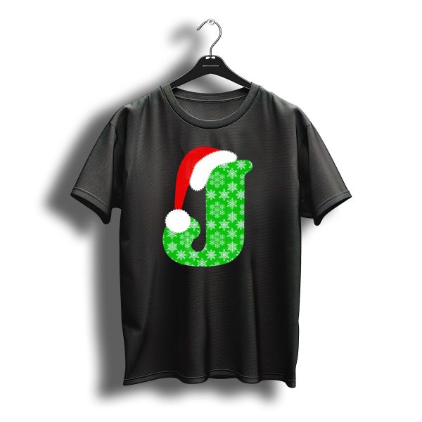Santa Hat Green Snowflake Monogram Letter J Christmas T Shirt t shirt 1