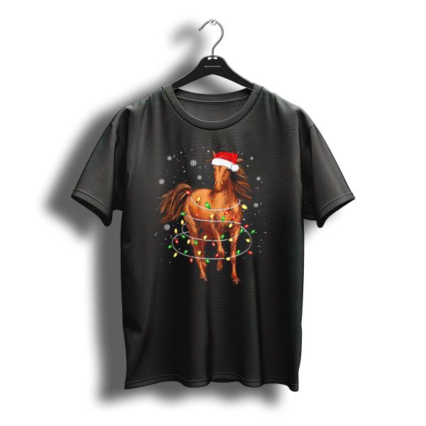 Santa Hat Horse Wrapped In Christmas Lights With Snowflakes T Shirt t shirt 1