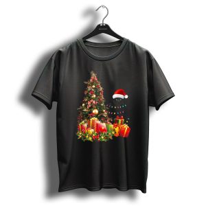 Santa Hat Maine Coon Cat Wrapped In Christmas Tree Lights With Gifts T Shirt