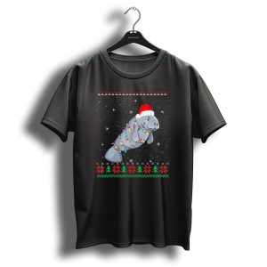 Santa Hat Manatee Wrapped In Christmas Lights And Snowflakes T Shirt