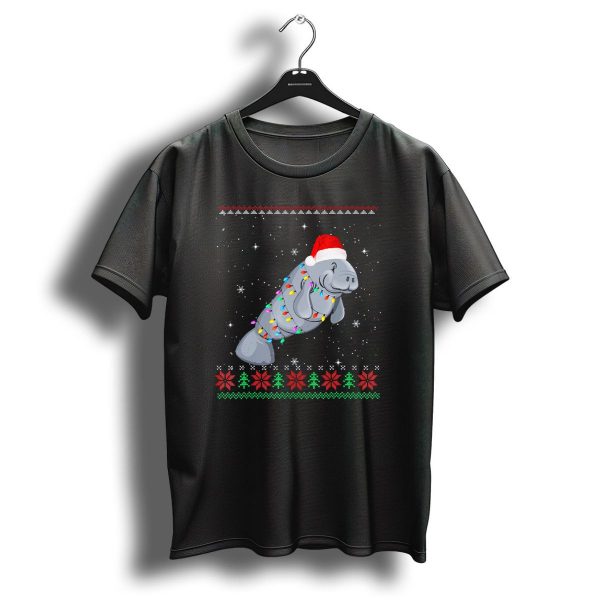 Santa Hat Manatee Wrapped In Christmas Lights And Snowflakes T Shirt 1 t shirt 1