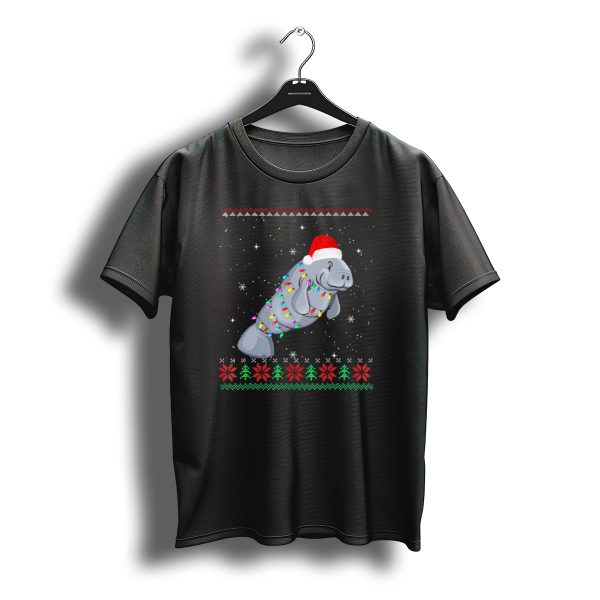 Santa Hat Manatee Wrapped In Christmas Lights And Snowflakes T Shirt t shirt 1