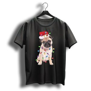Santa Hat Pug Wrapped In Colorful Christmas Lights T Shirt