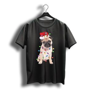 Santa Hat Pug Wrapped In Colorful Christmas Lights T-Shirt
