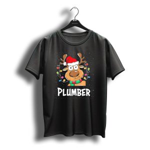 Santa Hat Reindeer Plumber With Christmas Lights T-Shirt